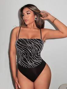 SHEIN SXY prom Glitter Allover Print Cami Bodysuit - Black - View 5