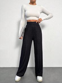 EURMUSE High Waist Rib-knit Pants - Black - View 1