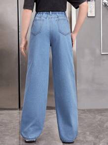 SHEIN Teen Girls' Butterfly & Letter Print Ripped Straight Leg Jeans - Blue - View 2