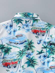SHEIN 年輕男孩印花短袖襯衫款式，夏威夷風格，柔軟、涼爽、舒適，適用於夏季度假和外出 - 彩色 - 查看 5