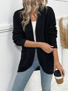 SHEIN LUNE 休閒拼接口袋開襟羊毛衫 - 黑色 - 查看 3