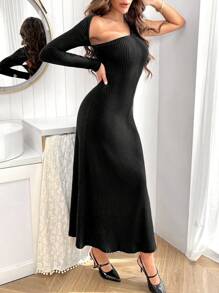 SHEIN Privé 女士一字肩長袖連衣裙 - 黑色 - 查看 2