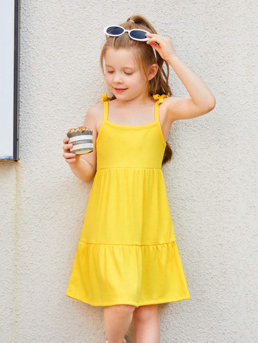 SHEIN Nhỏ bé Cô gái Đan Màu thuần Bowknot Dây đeo Váy dây treo , Hoàn hảo Đối với Kỳ nghỉ - Màu vàng - Xem 1