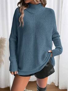 EMERY ROSE Casual High Neck Batwing Sleeve Sweater - Dusty Blue - View 4