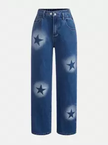 SHEIN Teenage Girls' Printed Style Distressed Jeans With Washed Effect - Blue - View 1