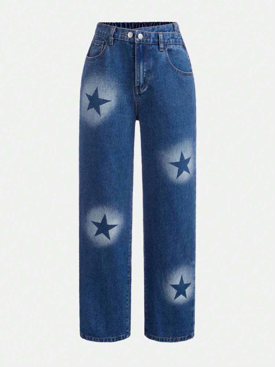 SHEIN Teenage Girls' Printed Style Distressed Jeans With Washed Effect - Blue - View 1