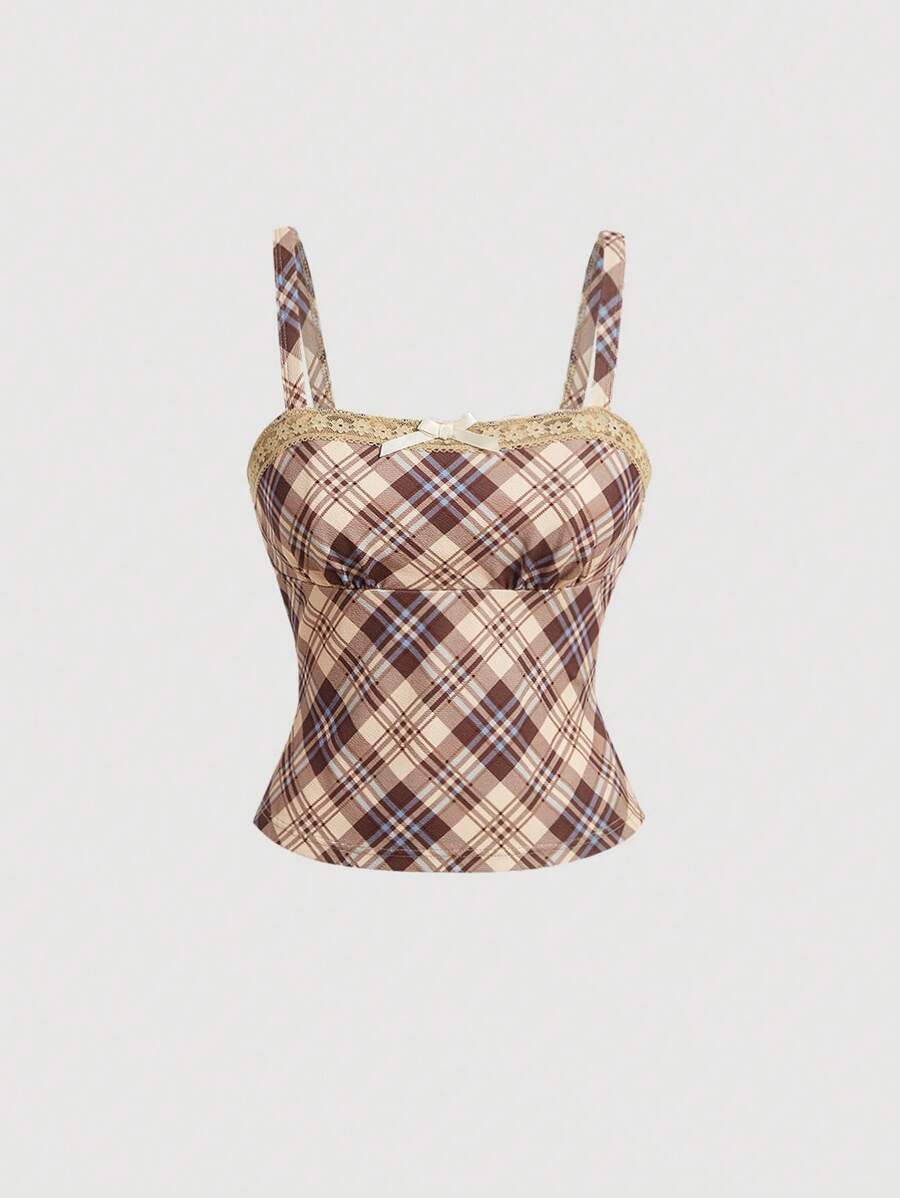 SHEIN MOD 格紋蕾絲拼接背心上衣 - 彩色 - 查看 1