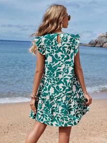 SHEIN VCAY Vestido Con Estampado De Hojas Y Dobladillo Con Volantes - Verde - Ver 2