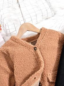 SHEIN Conjunto De Dos Piezas Para Niñas, Que Incluye Chaqueta De Forro Polar Color Caqui Y Vestido Negro, Para Niños Mayores