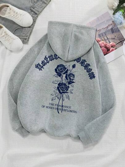 INAWLY Rose & Letter Print Hooded Casual Sweatshirt THE FRAGRANCE OF ROSES IS OVERFLOWING,Long Sleeve Tops Graduation,Back To School Outfits,Graduation,Teacher Outfits For Women,Back To School Pullover Fall Outfit