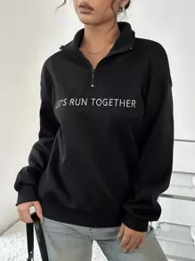 SHEIN Unity In Một nửa khóa kéo Giải trí Áo nỉ - màu đen - Xem 1