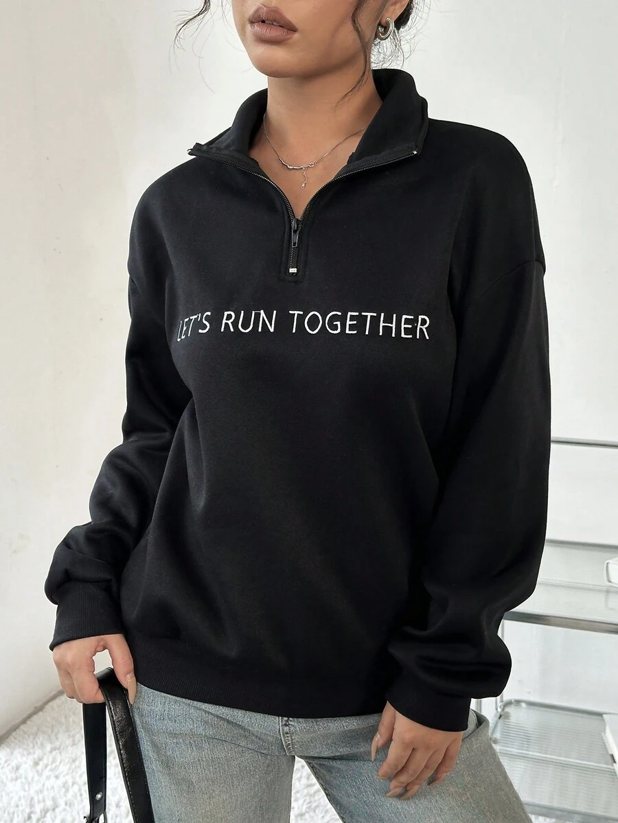 SHEIN Unity In Một nửa khóa kéo Giải trí Áo nỉ - màu đen - Xem 1