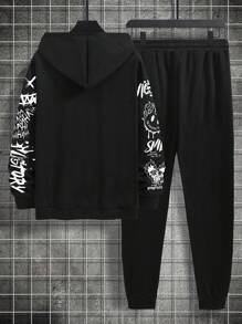 Manfinity EMRG Men Plus Face & Letter Print Hoodie And Sweatpants Set - Black - View 2