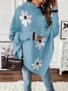 EMERY ROSE Suéter de mujer con mangas de murciélago y estampado floral, suéter de punto de manga larga para otoño e invierno - Azul - Ver 5