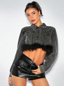 SHEIN BAE Top Negro Sexy Y Abrigo De Mezclilla, Chaqueta Corta Informal De Mezclilla Para Mujeres Con Decoración De Plumas, Adecuada Para Fiestas De Discoteca