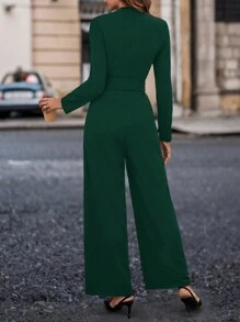 SHEIN Clasi Bọc Đường viền cổ áo Áo liền quần Với Nghiêng Túi Và Eo Thắt lưng - Màu xanh lá cây đậm - Xem 2