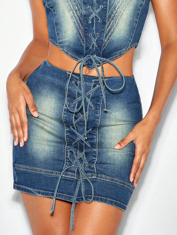 Bold And Avant-garde Cross Tie Denim Skirt