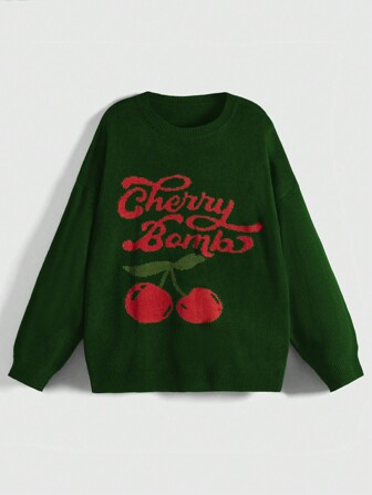 Kawaii Women's Cherry Patterned Long Sleeve Sweater With Letter Print