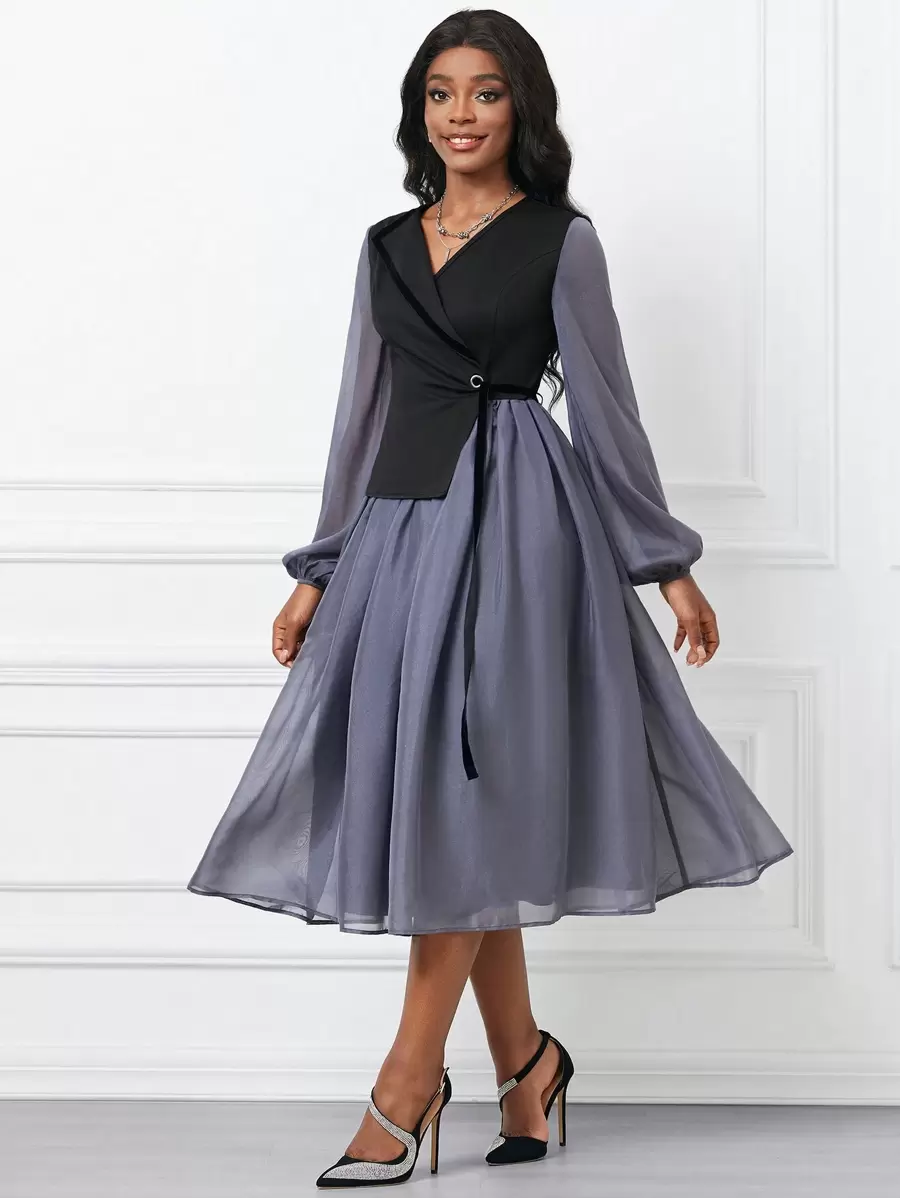 SHEIN Lady 女士對比色燈籠袖包裹束帶連衣裙 - 彩色 - 查看 1