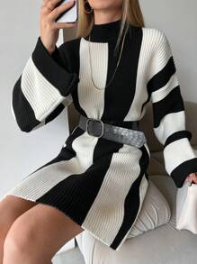 EURMUSE Two Tone Mock Neck Trumpet Sleeve Sweater Dress Without Belt - 黑與白 - 查看 4