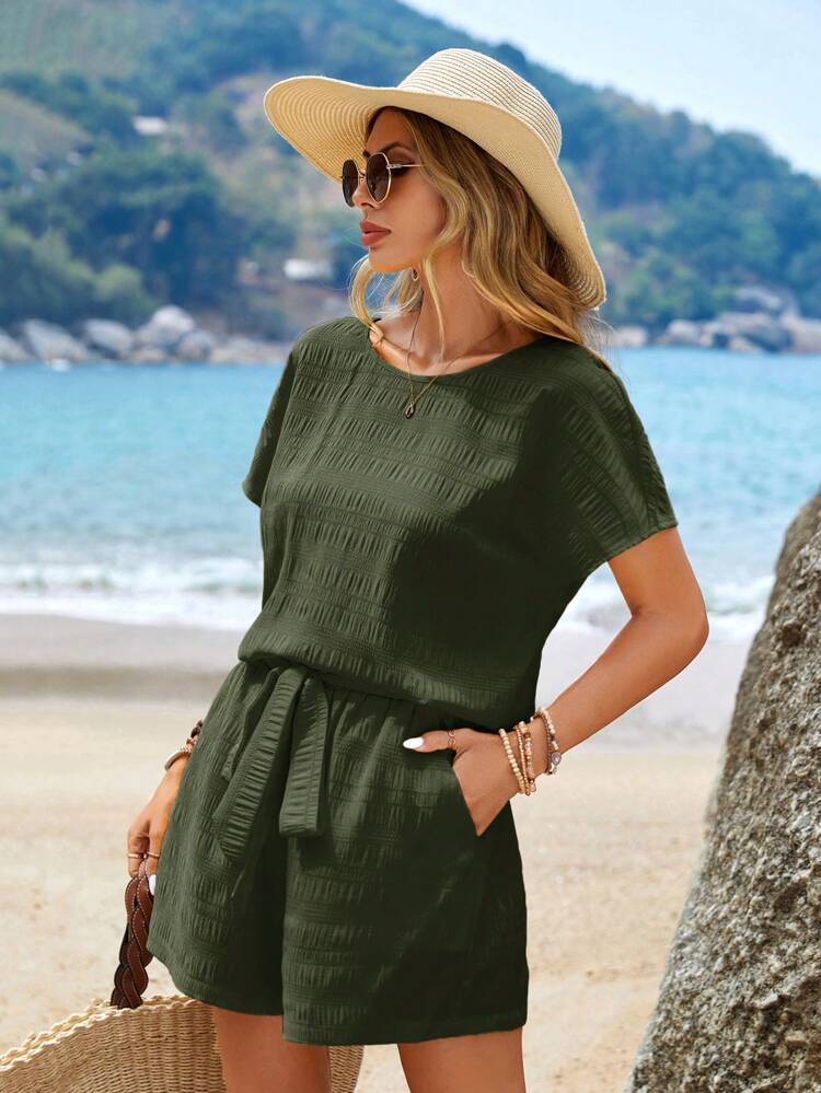 Women's Summer  Green Round Neck Batwing Sleeve Shirt With Shorts Two-Piece Set
