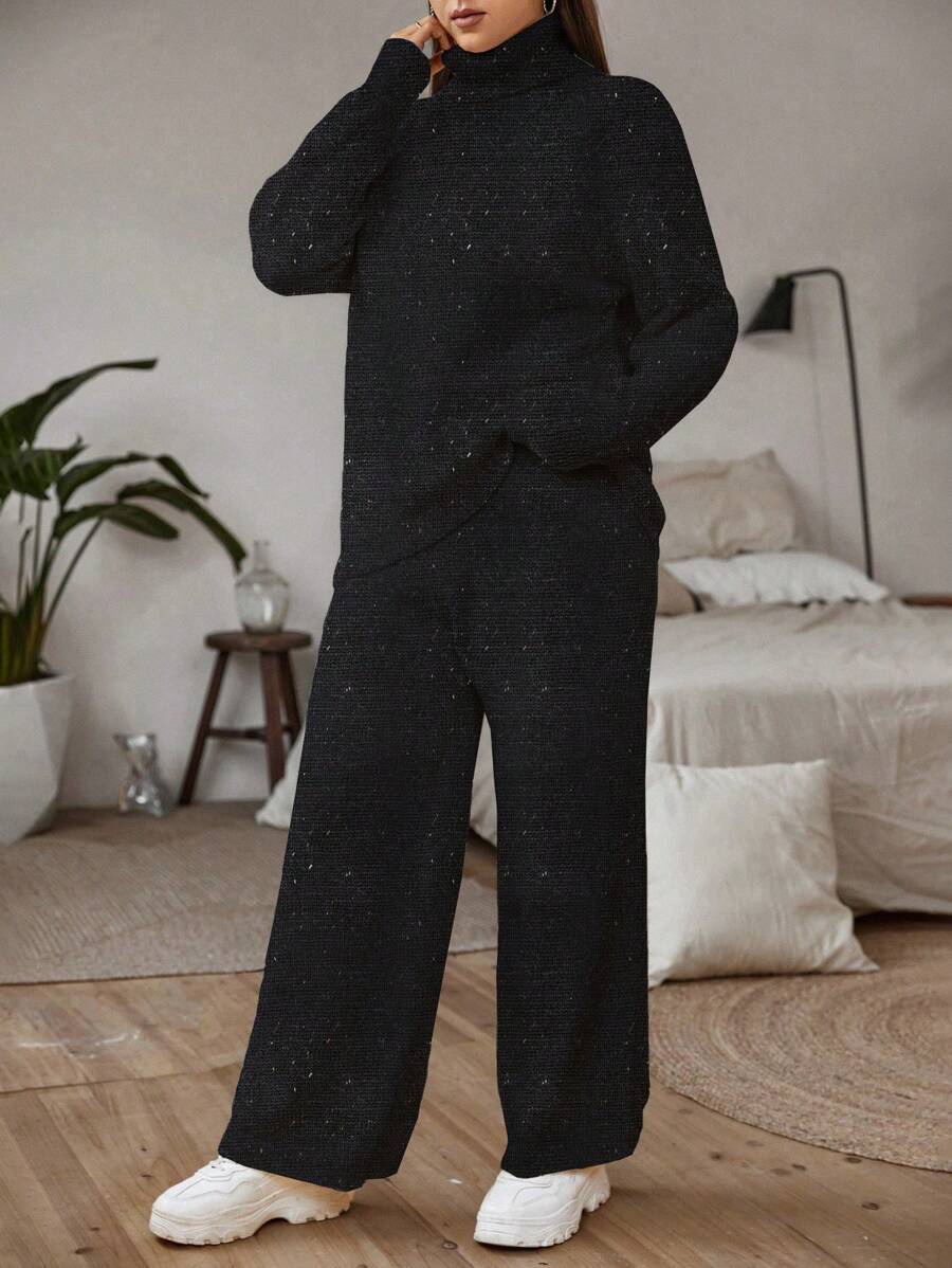 Flirla Plus Size Women's High Neck Long Sleeve Sweater And Pants Two Piece Set - Black - View 1