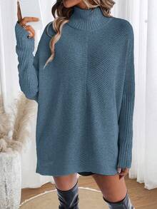 EMERY ROSE Casual High Neck Batwing Sleeve Sweater - Dusty Blue - View 5