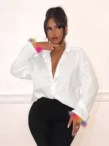 SHEIN SXY Camicia Bianca Da Donna Con Bordo Di Polsini Colorati - Bianco - Visualizzare 3