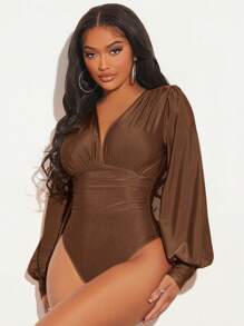 SHEIN SXY Deep V Neckline Ruched Tight Bodysuit - Chocolate Brown - View 5