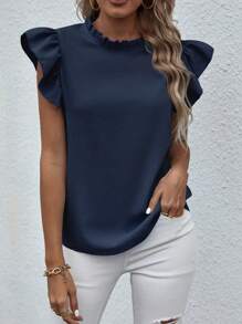 Breezaya Solid Color Ruffle Sleeve Shirt