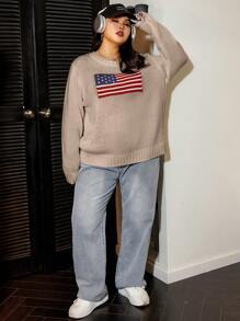 SHEIN EZwear Plus Size Women's Flag Patterned Sweater Pullover