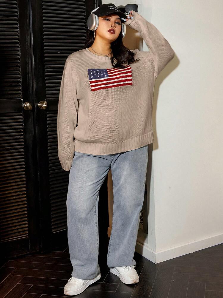 Plus Size Women's Flag Patterned Sweater Pullover