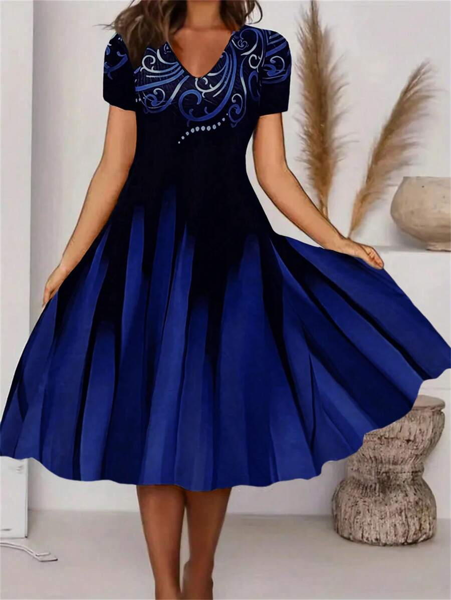 SHEIN Clasi Kích thước lớn Của phụ nữ In Ngắn tay Đầm - Màu xanh hải quân - Xem 1