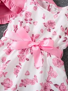 SHEIN Young Girl Floral Belted Dress With Ruffle Hem Cardigan Two Pieces Set Girls Dress Setspink Dresses For Young Girl,Holiday,Summer,Travel - Pink - View 4