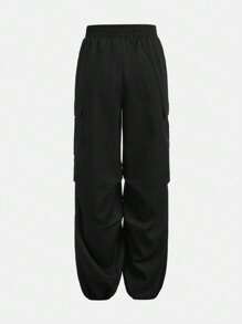 SHEIN Girlism 少女針織羅紋星星圖案 T 恤和褶襉工裝褲套裝,2 件/套 - 淺灰色 - 查看 3