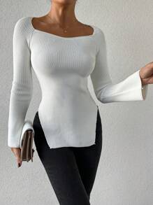 純色甜心領鈴蕾袖側開衩女士毛衣 - 白色 - 查看 4