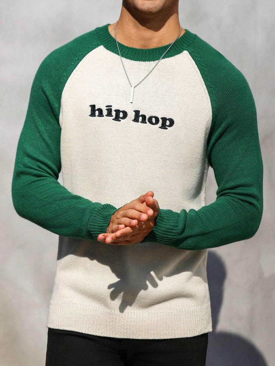 Manfinity Homme 男士字母刺繡彩塊拉甘袖毛衣 - 彩色 - 查看 1