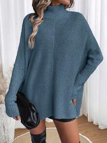 EMERY ROSE Casual High Neck Batwing Sleeve Sweater - Dusty Blue - View 3