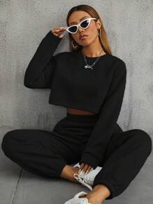 SHEIN Unity Drop Shoulder Cropped Sweatshirt And Elastic Waist Sweatpants Sports Set - Black - View 3