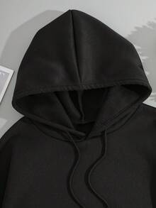 SHEIN EZwear 加大码印花袋鼠口袋保暖连帽衫 - 黑色 - 查看 3