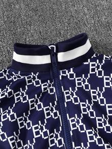 SHEIN 幼兒男童時尚戶外字母印花拉鍊上衣和褲子套裝 - 寶藍色 - 查看 7