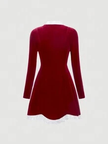 SHEIN MOD 女性彩色拼接襯衫領連衣裙 - 紅色 - 查看 2