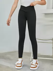 SHEIN Tween Girls' Knit Solid Color Fitted Casual Leggings