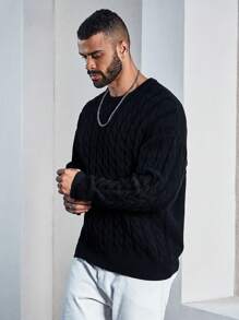 Manfinity Homme Men's Plus Size Solid Color Drop Shoulder Sweater - Black - View 5