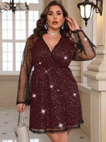SHEIN Clasi Plus Size Mesh Splicing V-neck Dress - Burgundy - View 5