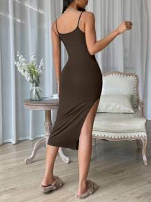 SHEIN Essnce Solid Color Split Hem Cami Bodycon Dress - Brown - View 2