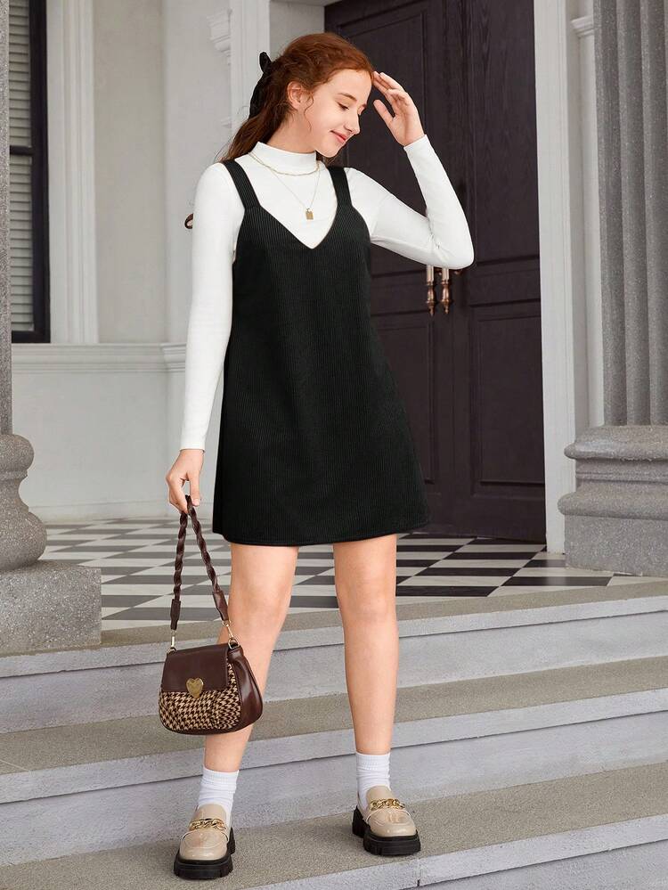 Teenage Girls' Ribbed Half High-Neck T-Shirt & Corduroy Overall Skirt Set