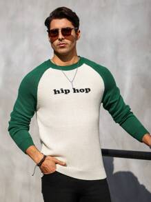 Manfinity Homme 男士字母刺繡彩塊拉甘袖毛衣 - 彩色 - 查看 6