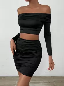 Allurite Conjunto De Dos Piezas De Falda Y Top Corto Con Hombros Descubiertos