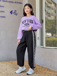 SHEIN 女孩針織字母短袖衫和鬆緊針織彈性腰短褲套裝 - 彩色 - 查看 5